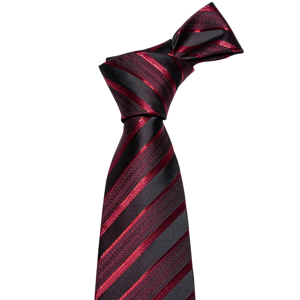 Men's Business Red Striped Silk Tie Hanky Cufflinks Wedding Party Casual Necktie Set - The Clothing Company Sydney