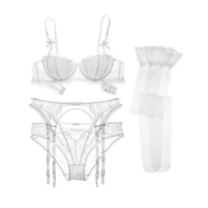 4 Piece Lace Push Up Underwear Set Half Cup Bra+Panties+Garter+Stockings - The Clothing Company Sydney