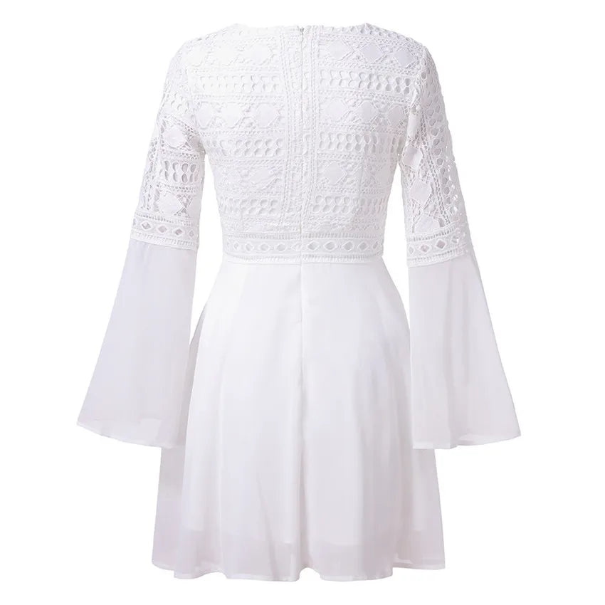 Hollow Out White Women's Mini Chiffon Semi-Sheer Plunge V-Neck Long Sleeve Crochet Lace Dress - The Clothing Company Sydney