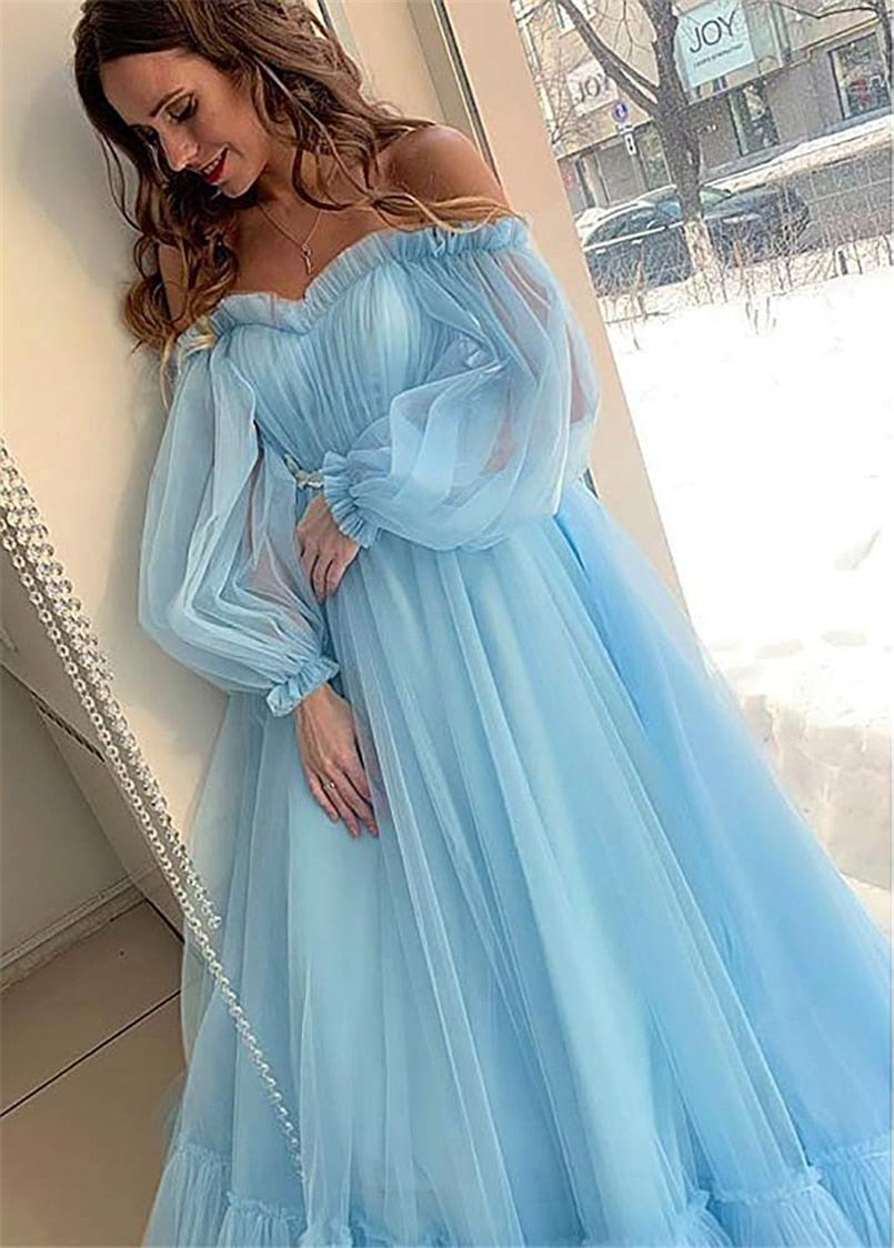 Blue Prom Dresses Long Sleeve Off the Shoulder Princess Dress Tulle Lace-up Formal Evening Party Dresses Plus Size The Clothing Company Sydney