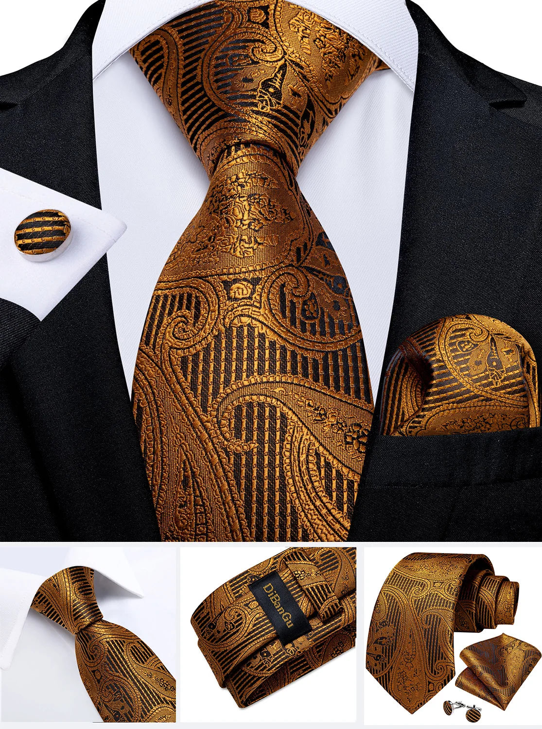Fashion Men's Tie Luxury Gold Blue Black Striped Paisley Silk Wedding Tie For Men Designer Hanky Cufflinks Gift Tie Set - The Clothing Company Sydney