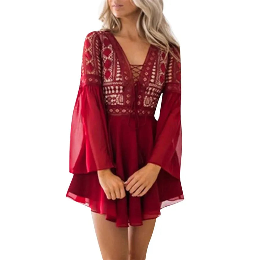 Hollow Out White Women's Mini Chiffon Semi-Sheer Plunge V-Neck Long Sleeve Crochet Lace Dress - The Clothing Company Sydney