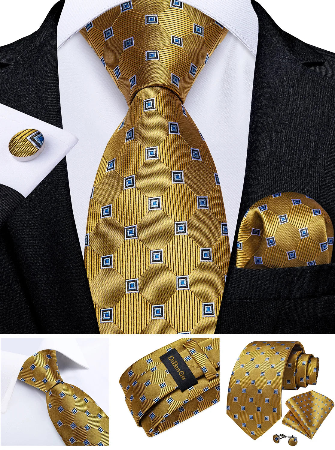 Fashion Men's Tie Luxury Gold Blue Black Striped Paisley Silk Wedding Tie For Men Designer Hanky Cufflinks Gift Tie Set - The Clothing Company Sydney