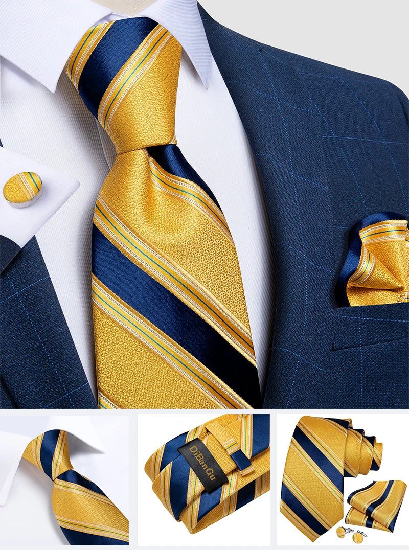 Fashion Men's Tie Luxury Gold Blue Black Striped Paisley Silk Wedding Tie For Men Designer Hanky Cufflinks Gift Tie Set - The Clothing Company Sydney