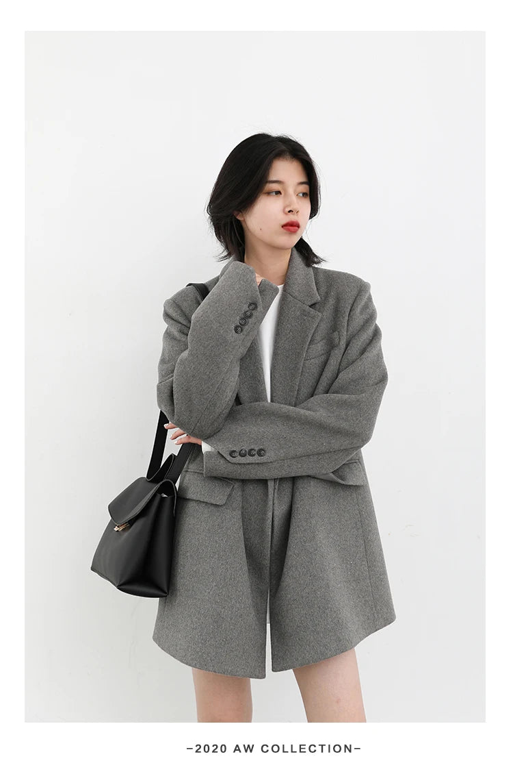 Women's Wool Blend Coat Solid Mid Long Woollen Blazer Thick Warm Blouse Overcoat Office Autumn Winter Jacket - The Clothing Company Sydney
