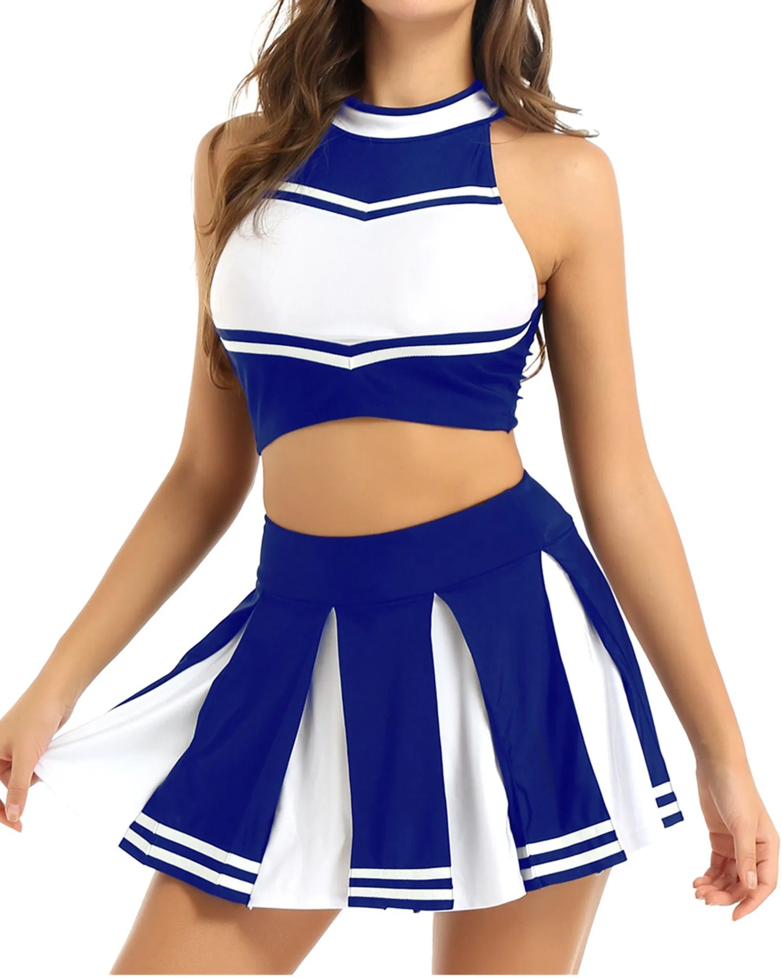 Women's Cheerleading Costume Uniform Carnival Cosplay Outfit Stand Collar Sleeveless Crop Top with Mini Pleated Skirt - The Clothing Company Sydney