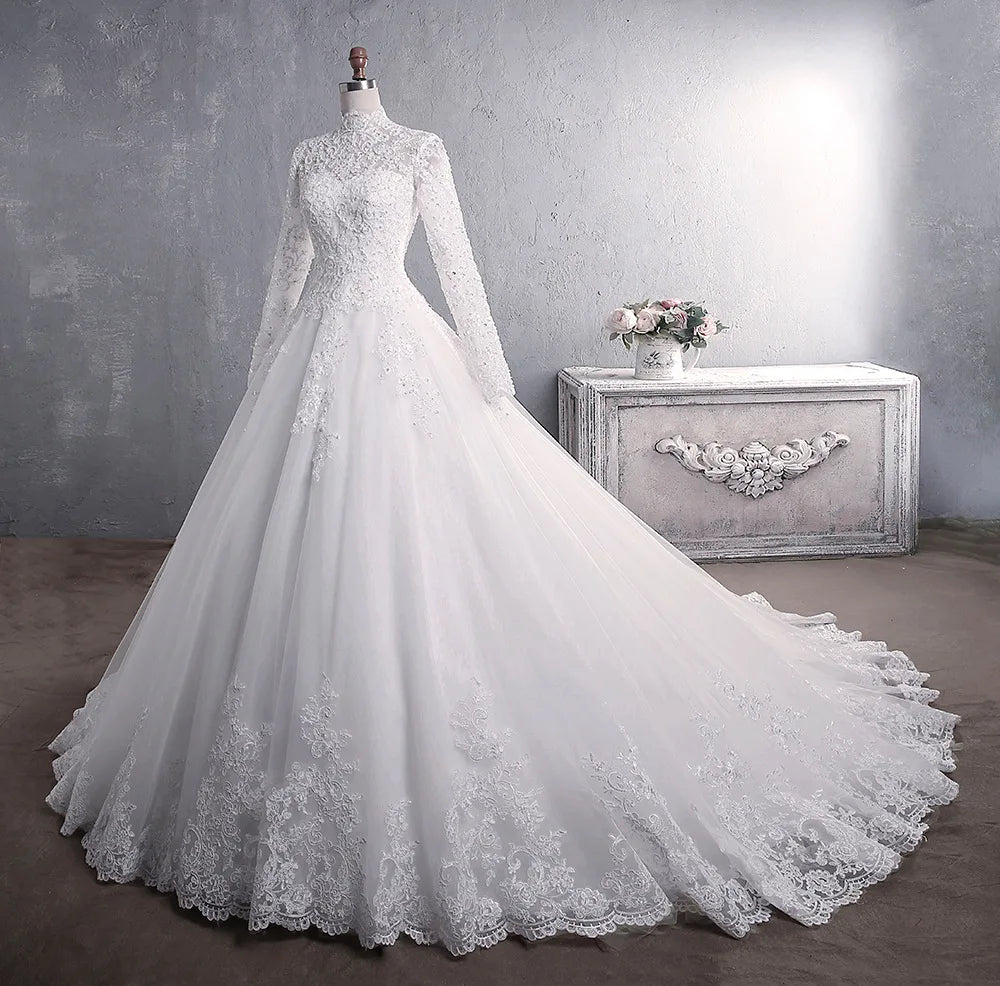 Elegant High Neck With Train Princess Bride Dress Luxury Lace Embroidery Wedding Gown Wedding Dress - The Clothing Company Sydney