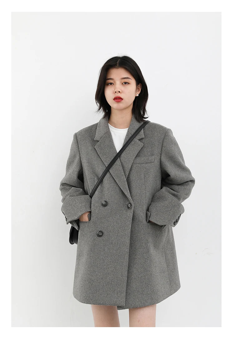 Women's Wool Blend Coat Solid Mid Long Woollen Blazer Thick Warm Blouse Overcoat Office Autumn Winter Jacket - The Clothing Company Sydney