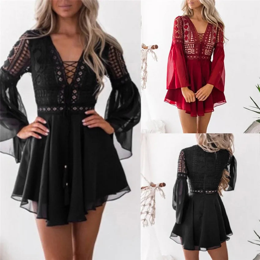 Hollow Out White Women's Mini Chiffon Semi-Sheer Plunge V-Neck Long Sleeve Crochet Lace Dress - The Clothing Company Sydney