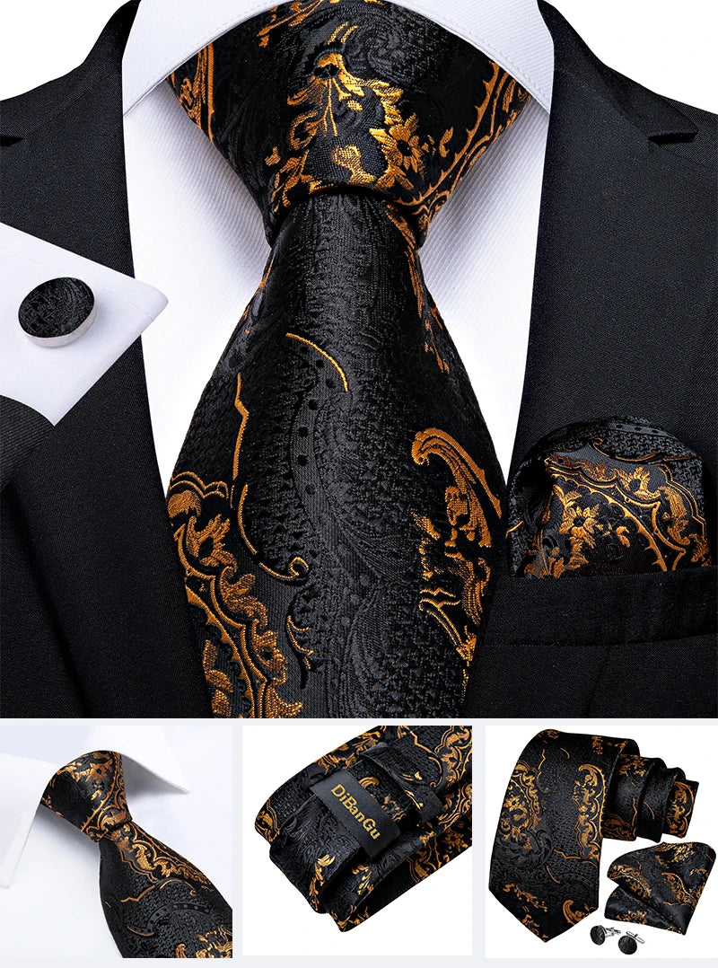 Fashion Men's Tie Luxury Gold Blue Black Striped Paisley Silk Wedding Tie For Men Designer Hanky Cufflinks Gift Tie Set - The Clothing Company Sydney