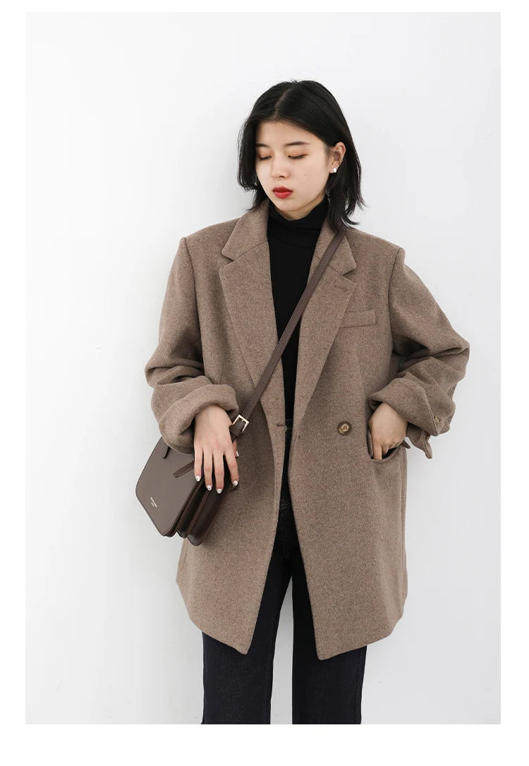 Women's Wool Blend Coat Solid Mid Long Woollen Blazer Thick Warm Blouse Overcoat Office Autumn Winter Jacket - The Clothing Company Sydney