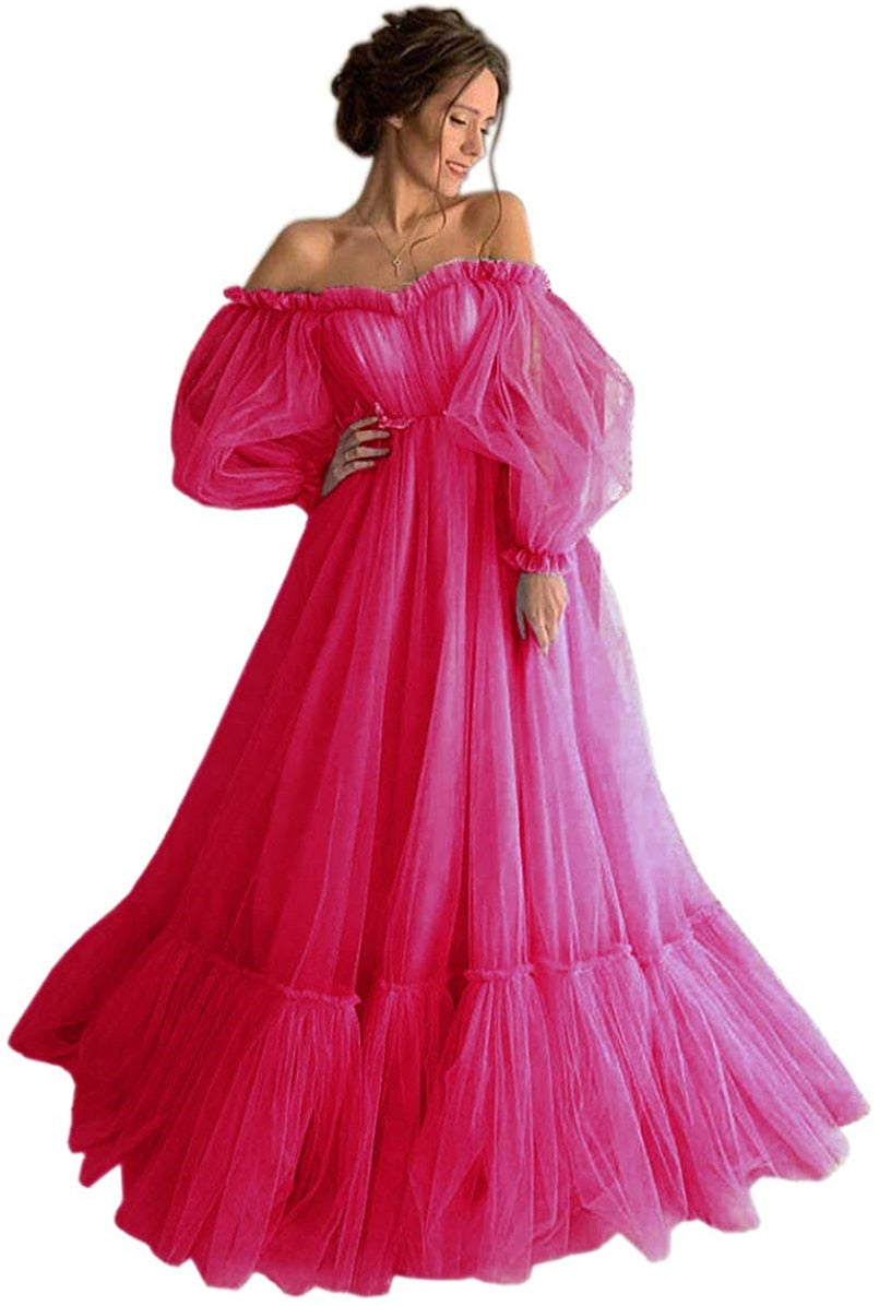 Blue Prom Dresses Long Sleeve Off the Shoulder Princess Dress Tulle Lace-up Formal Evening Party Dresses Plus Size The Clothing Company Sydney