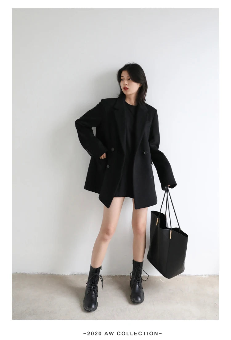 Women's Wool Blend Coat Solid Mid Long Woollen Blazer Thick Warm Blouse Overcoat Office Autumn Winter Jacket - The Clothing Company Sydney