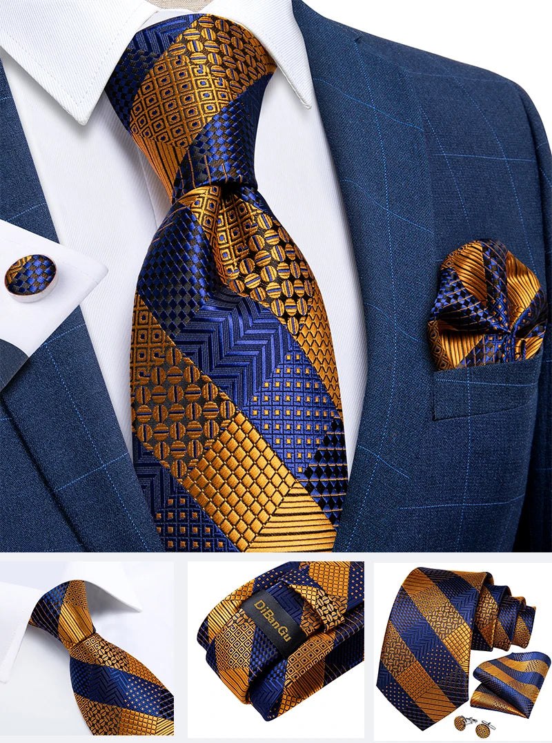 Fashion Men's Tie Luxury Gold Blue Black Striped Paisley Silk Wedding Tie For Men Designer Hanky Cufflinks Gift Tie Set - The Clothing Company Sydney
