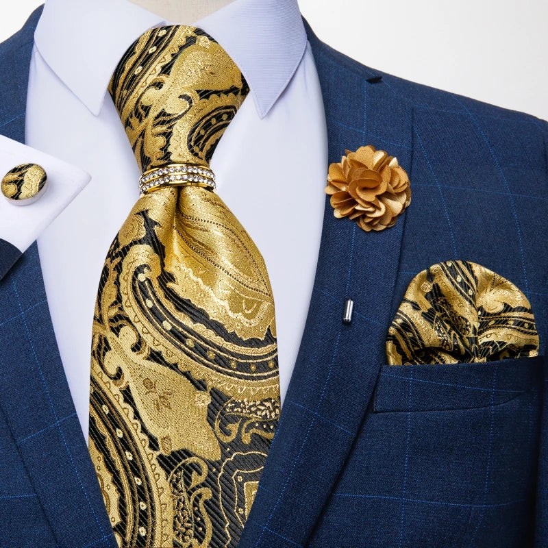 5 Piece Designer Blue Red Paisley Ties Wedding Party Neck Tie Luxury Tie Ring Brooch Silk Tie Set Gift For Men - The Clothing Company Sydney