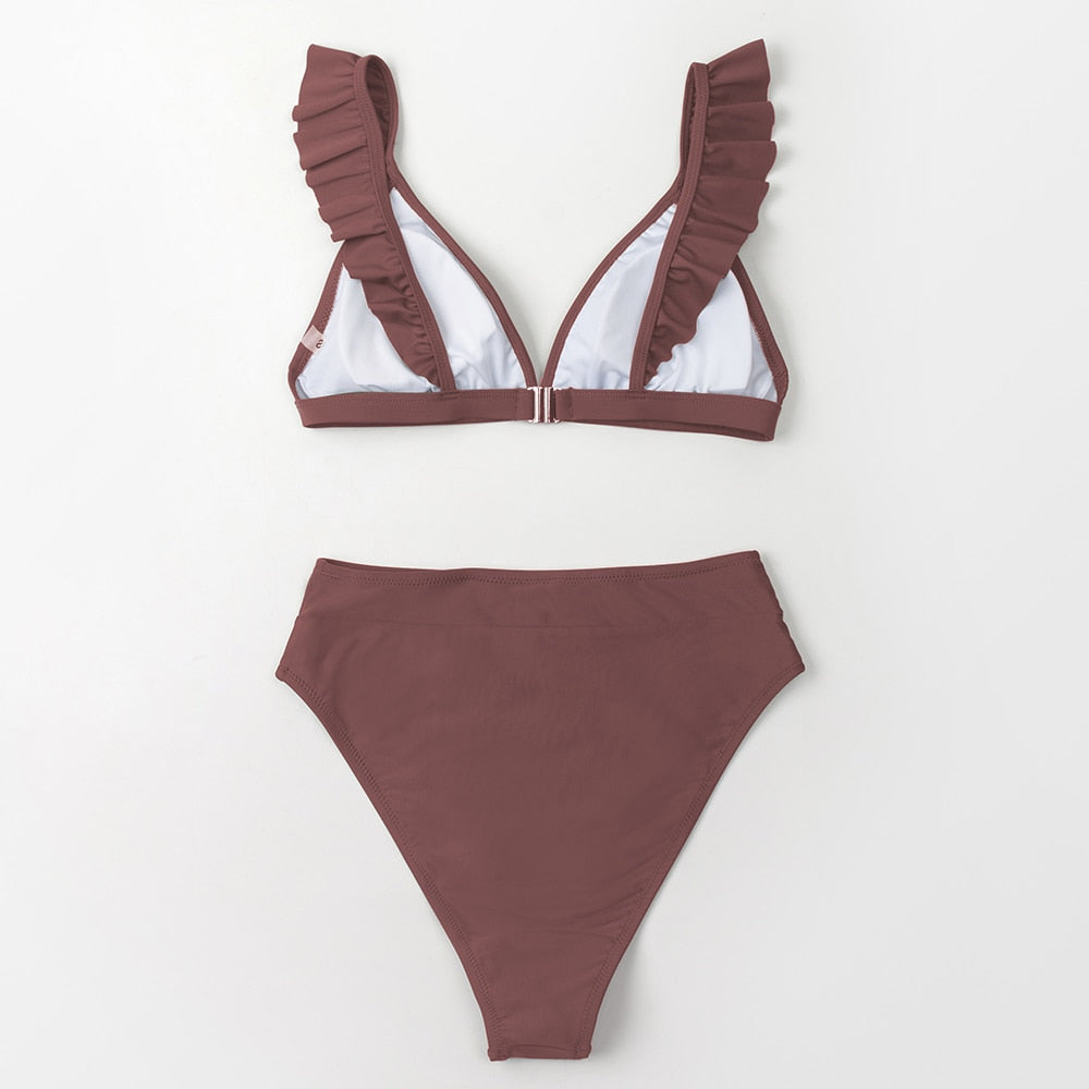 V-neck Ruffled High-waist Bikini Sets Swimsuit Women's Solid Brown Two Pieces Swimwear Beach Bathing Suits The Clothing Company Sydney