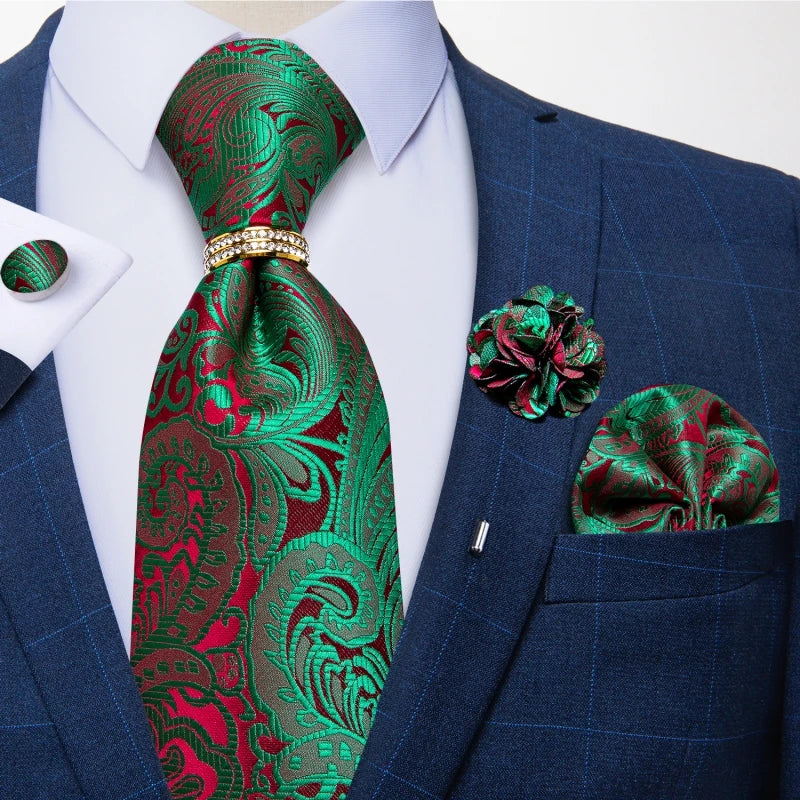 5 Piece Designer Blue Red Paisley Ties Wedding Party Neck Tie Luxury Tie Ring Brooch Silk Tie Set Gift For Men - The Clothing Company Sydney