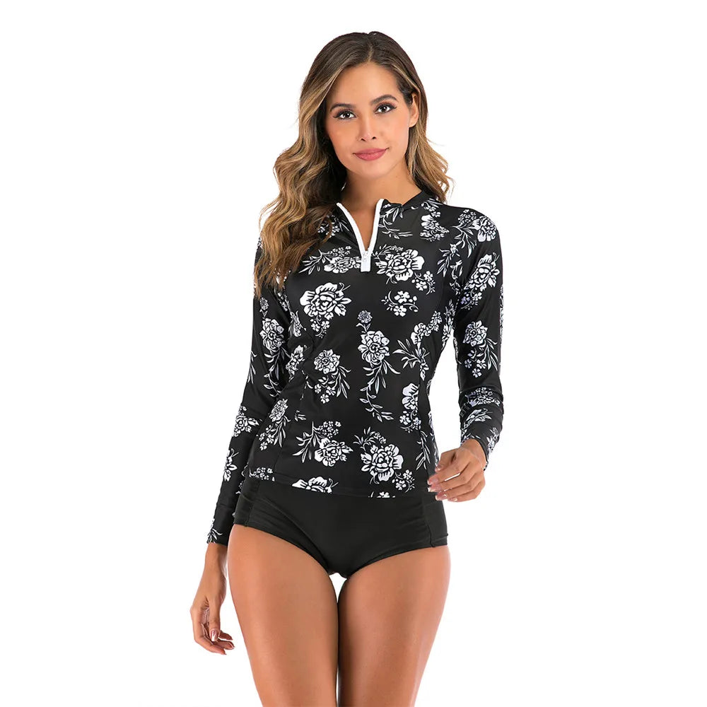 Long Sleeve Rash Guard Women Print Two Piece Swimsuit Zipper Swimwear Plus Size Bathing Suit Surfing Suit - The Clothing Company Sydney