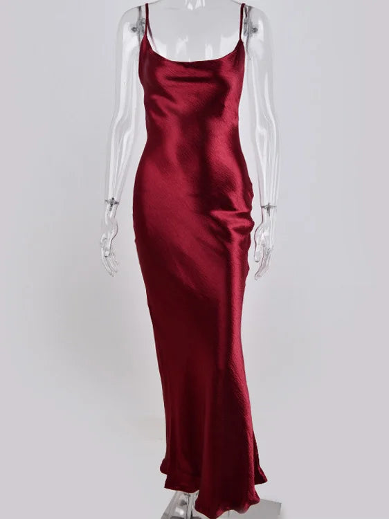 Spaghetti Strap Backless Summer Dress Women Satin Long Dress Elegant Bodycon Party Dresses - The Clothing Company Sydney