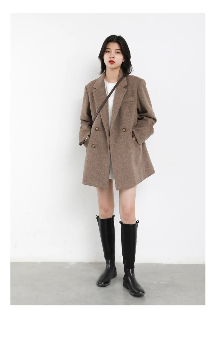 Women's Wool Blend Coat Solid Mid Long Woollen Blazer Thick Warm Blouse Overcoat Office Autumn Winter Jacket - The Clothing Company Sydney