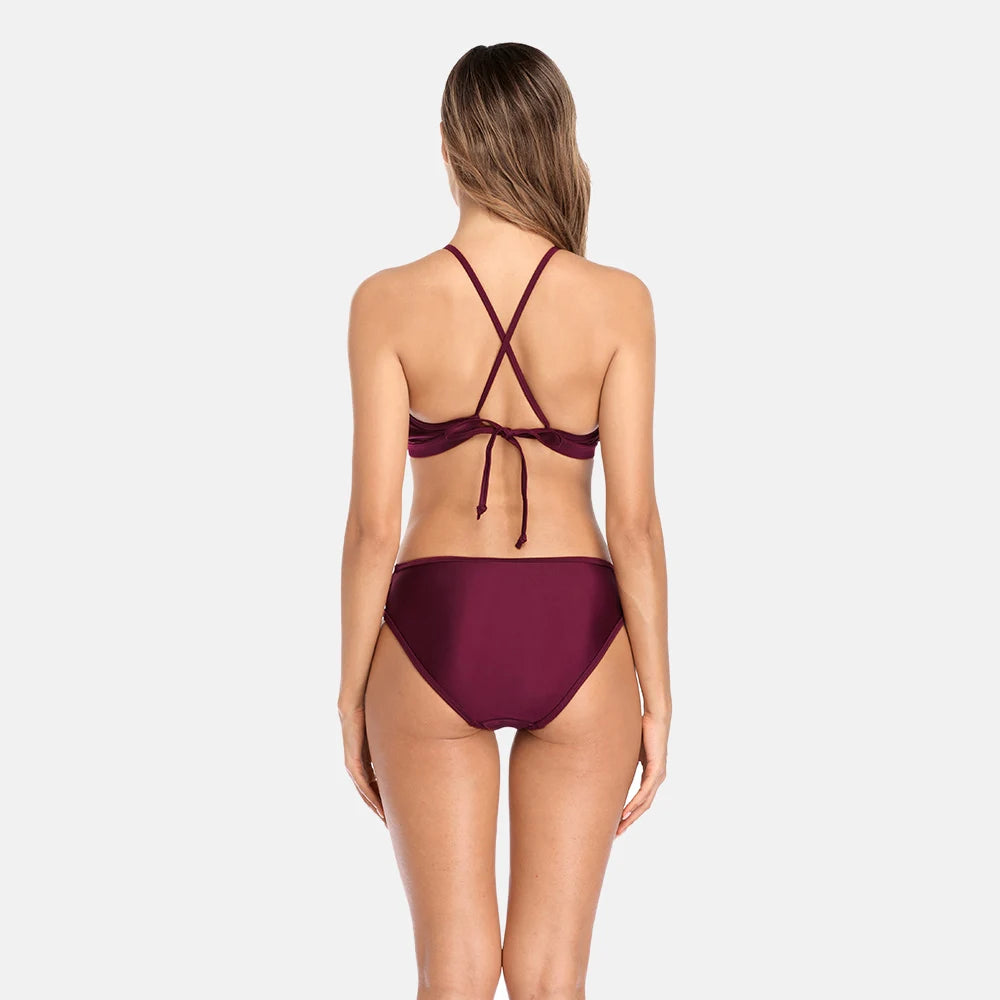 Women High Neck Bikini Set Solid Color Swimsuit Hollow Out Bandage Swimwear Push Up Beachwear - The Clothing Company Sydney