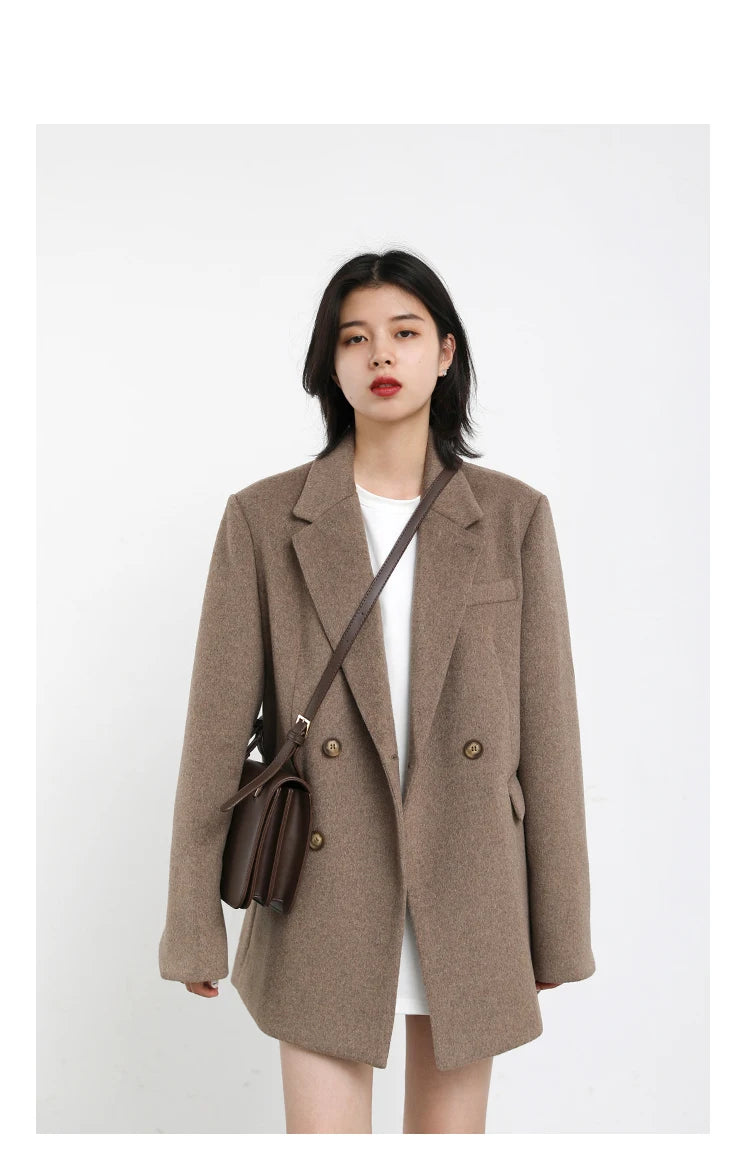 Women's Wool Blend Coat Solid Mid Long Woollen Blazer Thick Warm Blouse Overcoat Office Autumn Winter Jacket - The Clothing Company Sydney