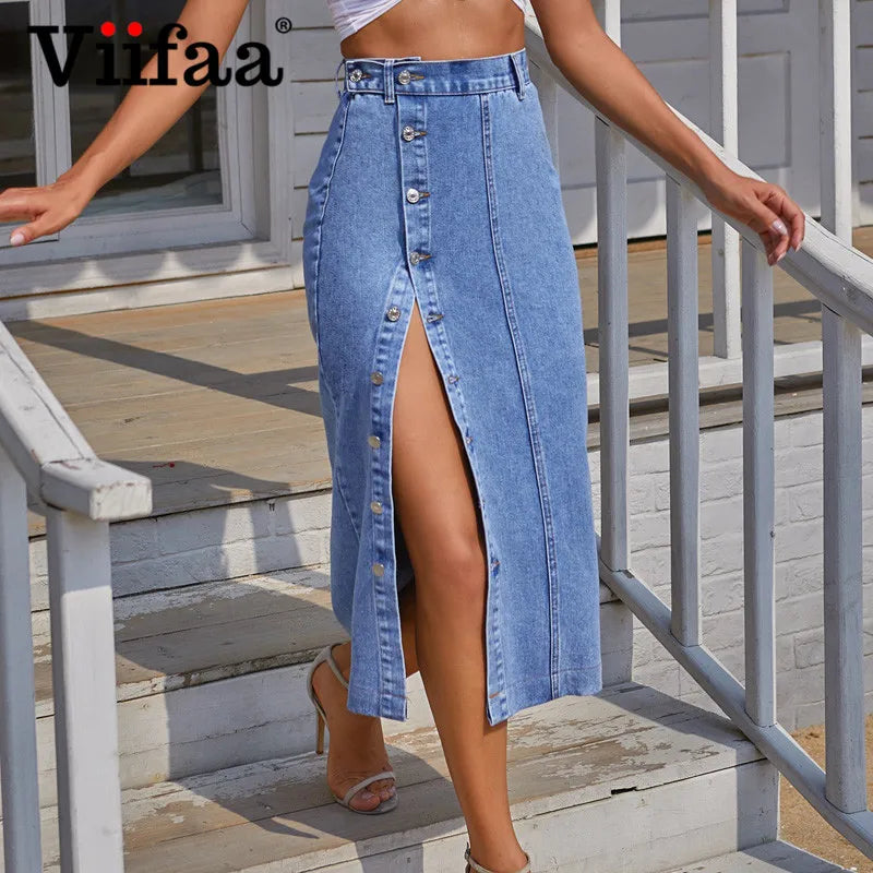 Blue Denim Single-Breasted Split Elegant Bodycon Midi Skirt Women's High Waist Long Jeans Skirts Streetwear The Clothing Company Sydney