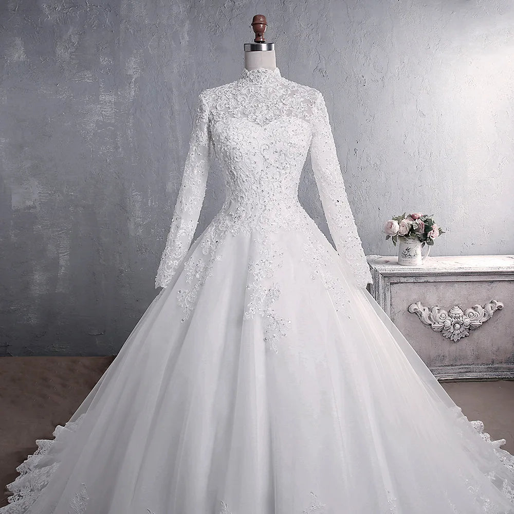 Elegant High Neck With Train Princess Bride Dress Luxury Lace Embroidery Wedding Gown Wedding Dress - The Clothing Company Sydney