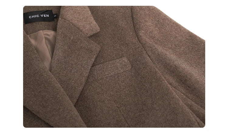 Women's Wool Blend Coat Solid Mid Long Woollen Blazer Thick Warm Blouse Overcoat Office Autumn Winter Jacket - The Clothing Company Sydney