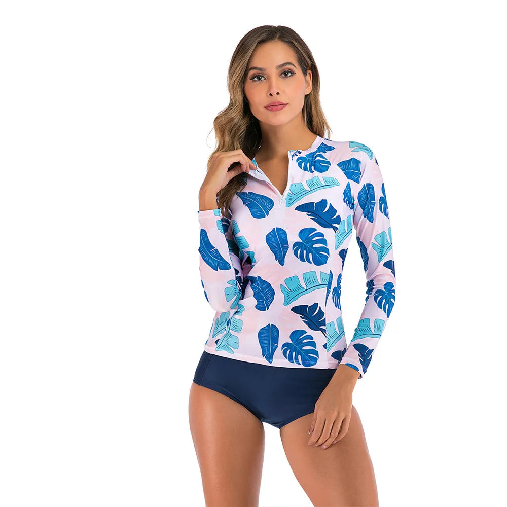 Long Sleeve Rash Guard Women Print Two Piece Swimsuit Zipper Swimwear Plus Size Bathing Suit Surfing Suit - The Clothing Company Sydney