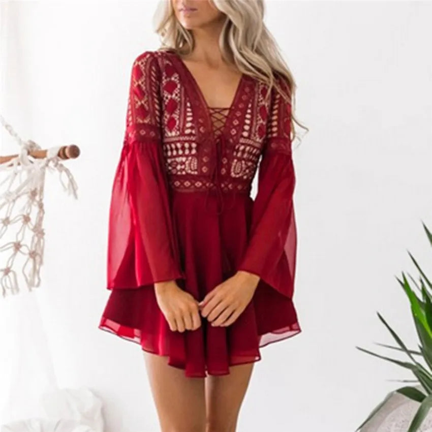 Hollow Out White Women's Mini Chiffon Semi-Sheer Plunge V-Neck Long Sleeve Crochet Lace Dress - The Clothing Company Sydney