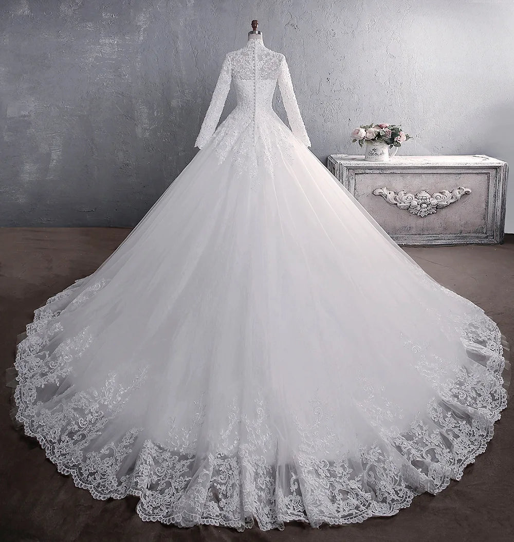 Elegant High Neck With Train Princess Bride Dress Luxury Lace Embroidery Wedding Gown Wedding Dress - The Clothing Company Sydney