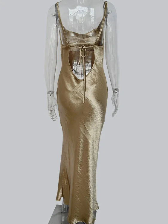 Spaghetti Strap Backless Summer Dress Women Satin Long Dress Elegant Bodycon Party Dresses - The Clothing Company Sydney