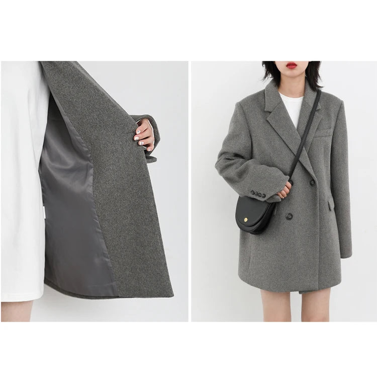 Women's Wool Blend Coat Solid Mid Long Woollen Blazer Thick Warm Blouse Overcoat Office Autumn Winter Jacket - The Clothing Company Sydney