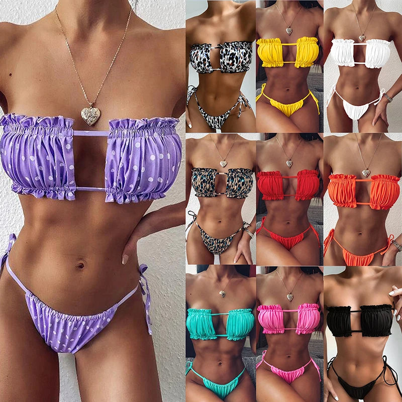2 Piece Pleated Bandeau Swimsuit Low Waist Swimwear Beach Wear Mini Thong Bikini Set Bathing Suit - The Clothing Company Sydney