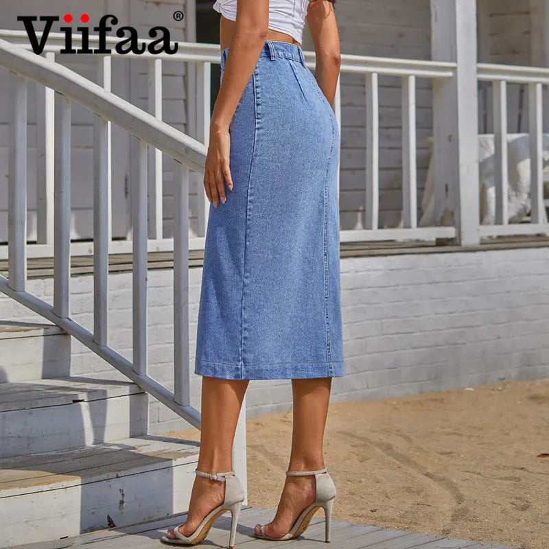 Blue Denim Single-Breasted Split Elegant Bodycon Midi Skirt Women's High Waist Long Jeans Skirts Streetwear The Clothing Company Sydney