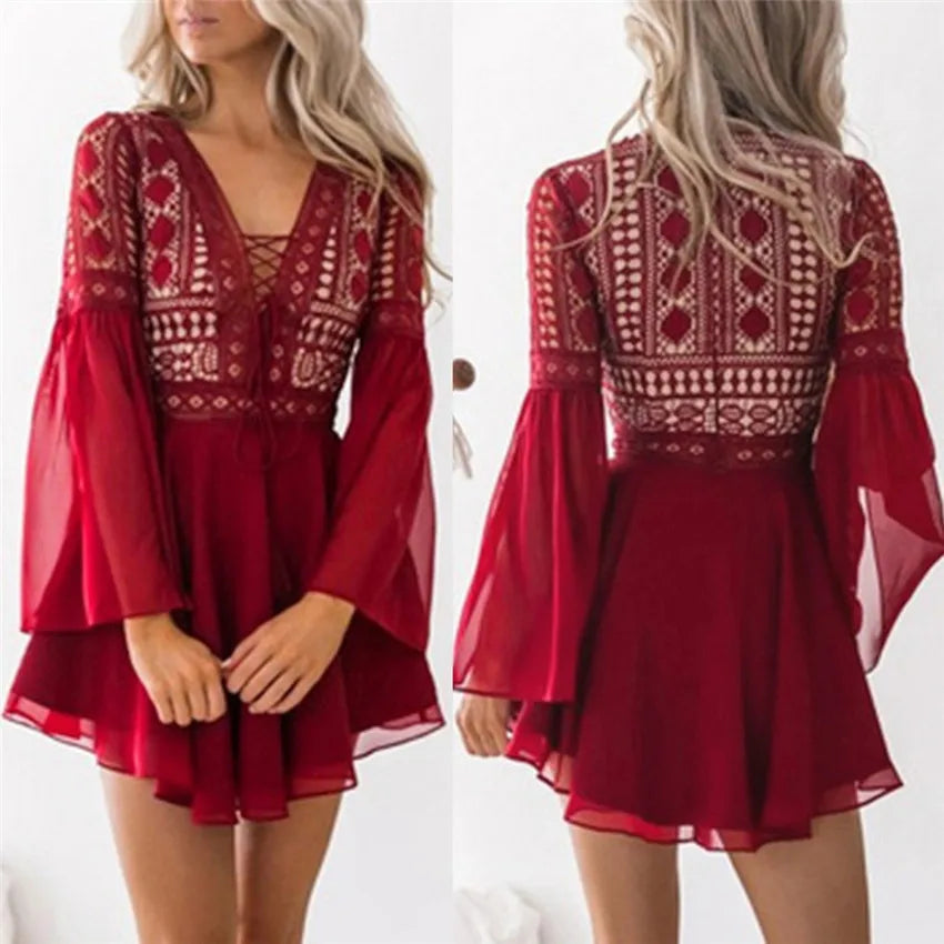 Hollow Out White Women's Mini Chiffon Semi-Sheer Plunge V-Neck Long Sleeve Crochet Lace Dress - The Clothing Company Sydney