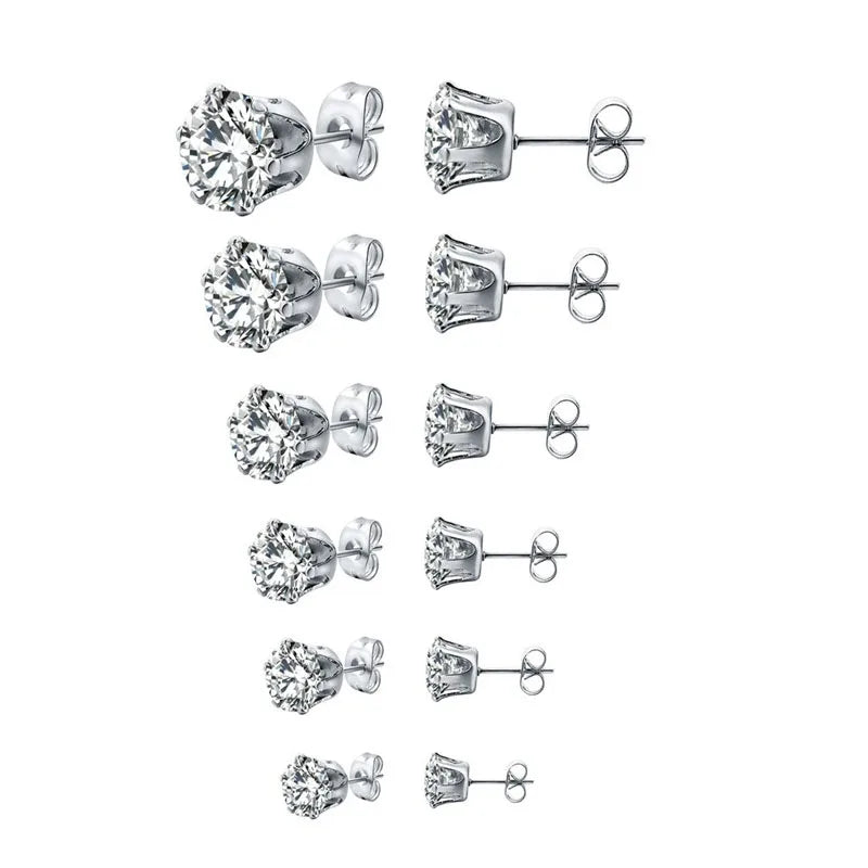 3-8mm Small Black Silver Colour Earrings Stone CZ Crystal Ear Studs Surgical Steel Cubic Unisex Accessories - The Clothing Company Sydney