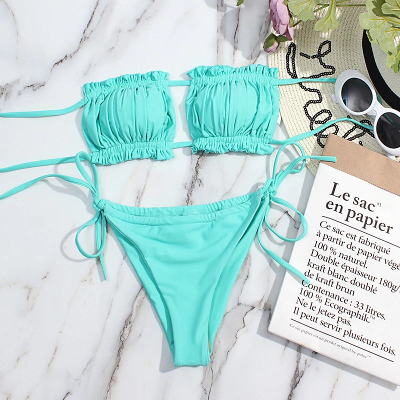 2 Piece Pleated Bandeau Swimsuit Low Waist Swimwear Beach Wear Mini Thong Bikini Set Bathing Suit - The Clothing Company Sydney