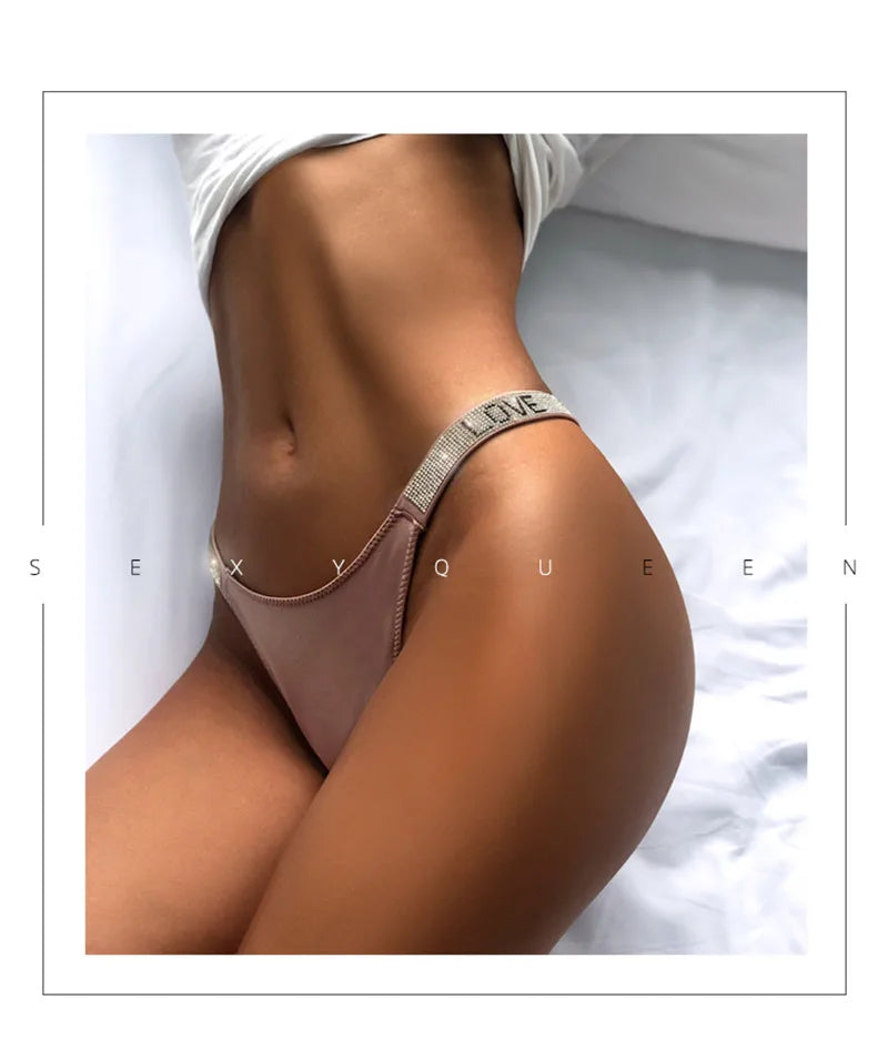 Love Letter Print Rhinestone Panties Women Pink Briefs Low Waist Underwear Ladies Thongs Lingerie Panty Lingerie - The Clothing Company Sydney