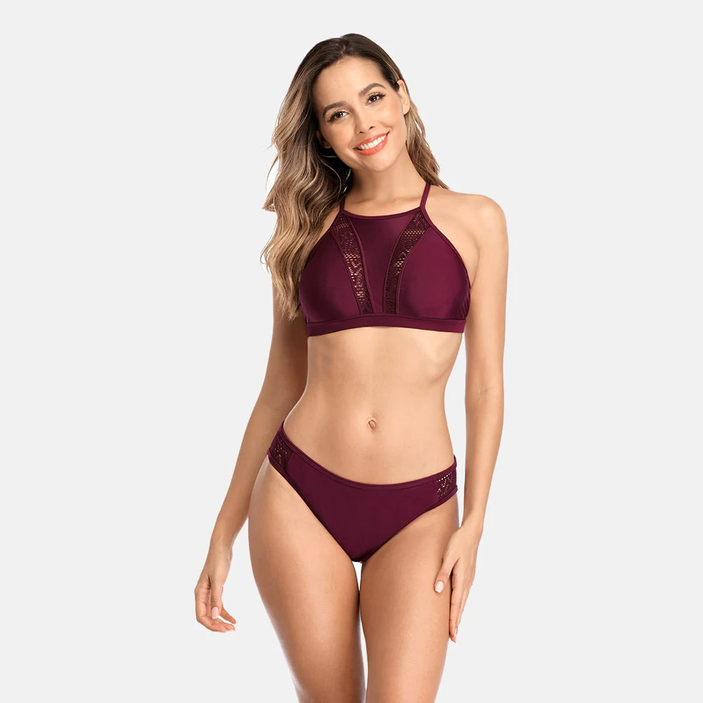 Women High Neck Bikini Set Solid Color Swimsuit Hollow Out Bandage Swimwear Push Up Beachwear - The Clothing Company Sydney