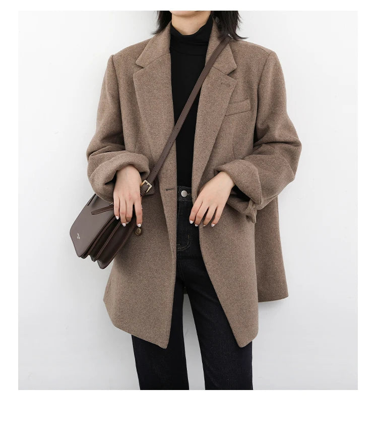 Women's Wool Blend Coat Solid Mid Long Woollen Blazer Thick Warm Blouse Overcoat Office Autumn Winter Jacket - The Clothing Company Sydney