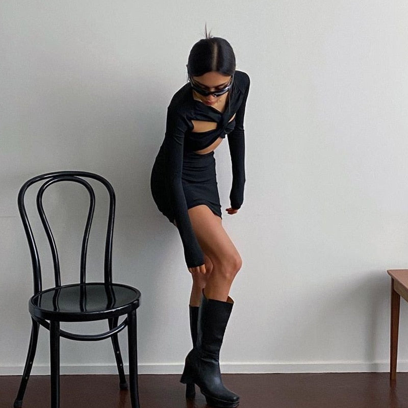 Cut Out Black Mini Dresses Club Party Outfits for Women Elegant Long Sleeve Solid Bodycon Dress The Clothing Company Sydney