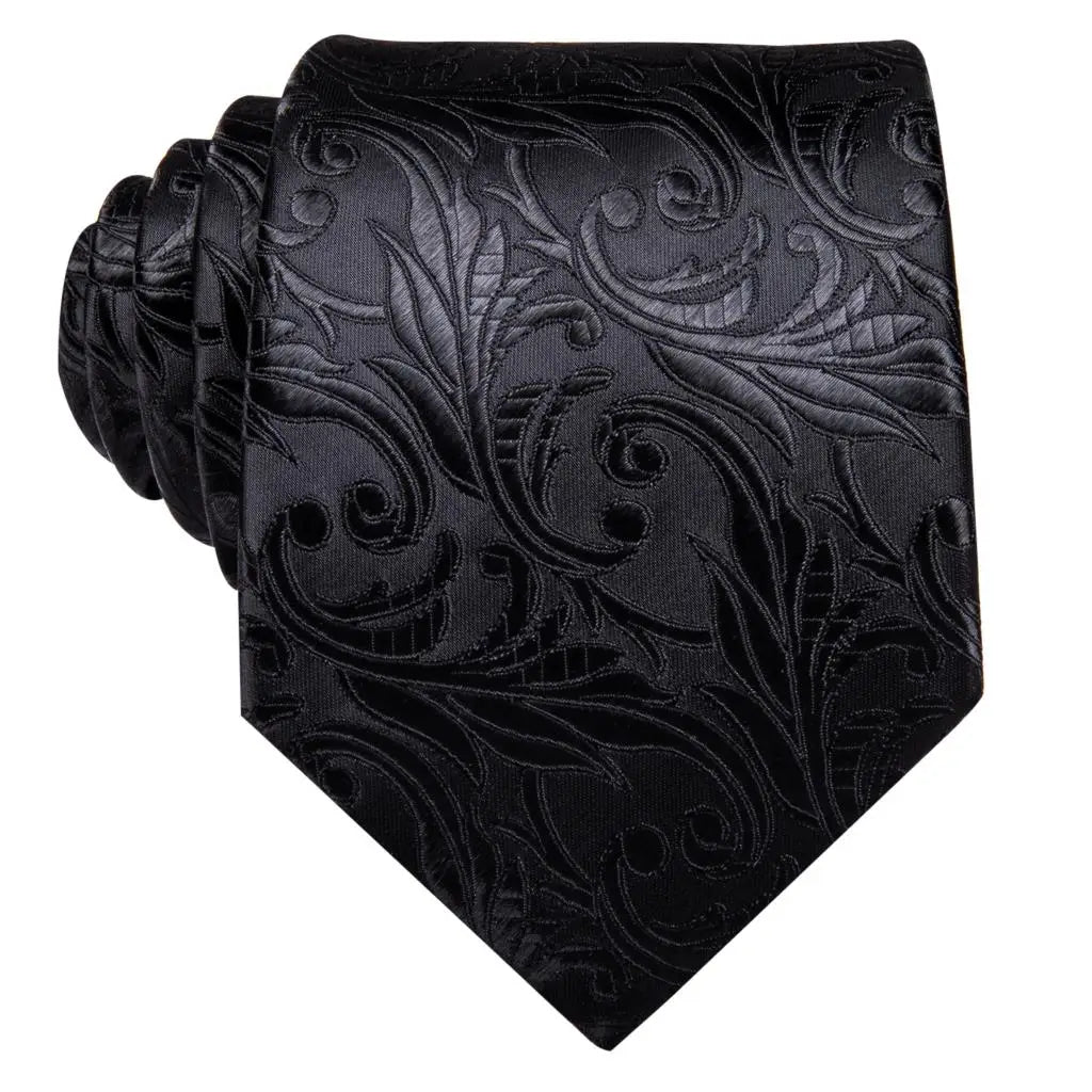 3 Piece Black Floral Silk Wedding Tie For Men Handky Cufflink Elegant Necktie Set For Men - The Clothing Company Sydney
