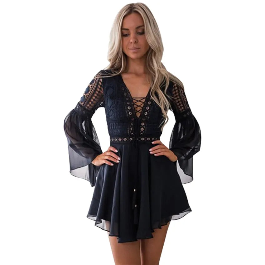 Hollow Out White Women's Mini Chiffon Semi-Sheer Plunge V-Neck Long Sleeve Crochet Lace Dress - The Clothing Company Sydney