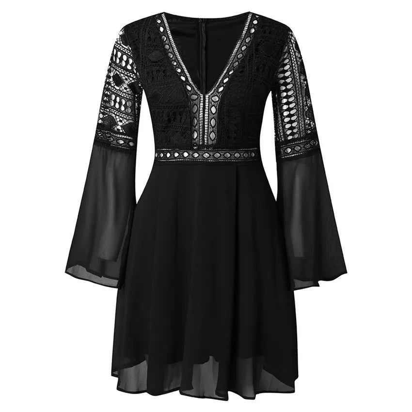 Hollow Out White Women's Mini Chiffon Semi-Sheer Plunge V-Neck Long Sleeve Crochet Lace Dress - The Clothing Company Sydney