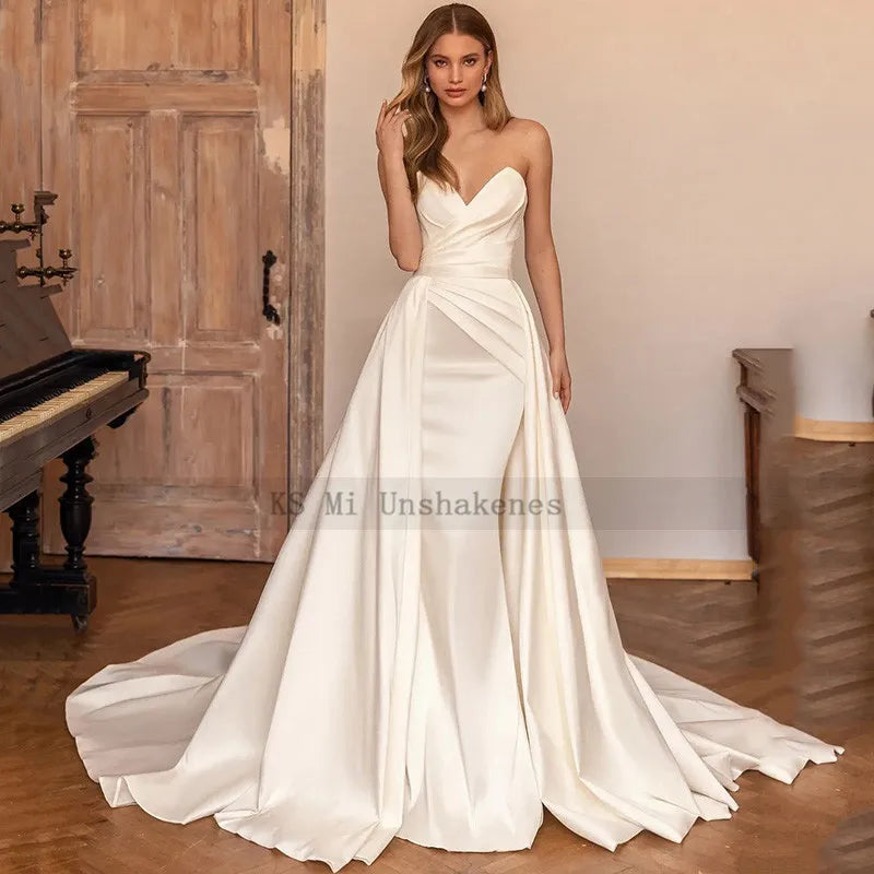 Elegant Ivory Detachable Train Wedding Dresses Mermaid Satin Bride Dress Wedding Gowns - The Clothing Company Sydney