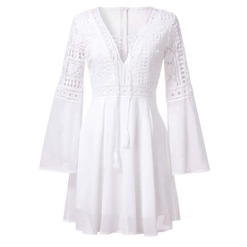 Hollow Out White Women's Mini Chiffon Semi-Sheer Plunge V-Neck Long Sleeve Crochet Lace Dress - The Clothing Company Sydney