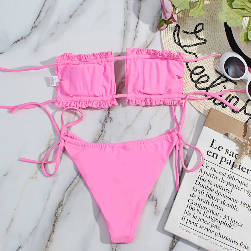 2 Piece Pleated Bandeau Swimsuit Low Waist Swimwear Beach Wear Mini Thong Bikini Set Bathing Suit - The Clothing Company Sydney