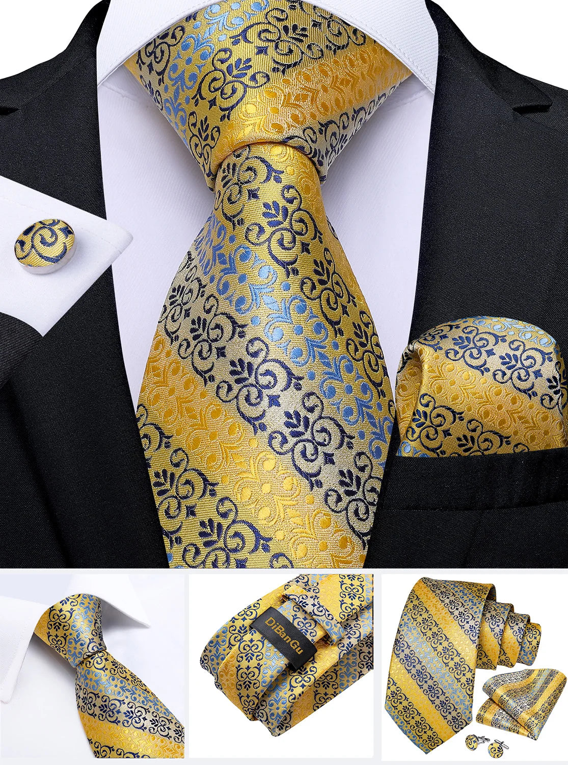 Fashion Men's Tie Luxury Gold Blue Black Striped Paisley Silk Wedding Tie For Men Designer Hanky Cufflinks Gift Tie Set - The Clothing Company Sydney